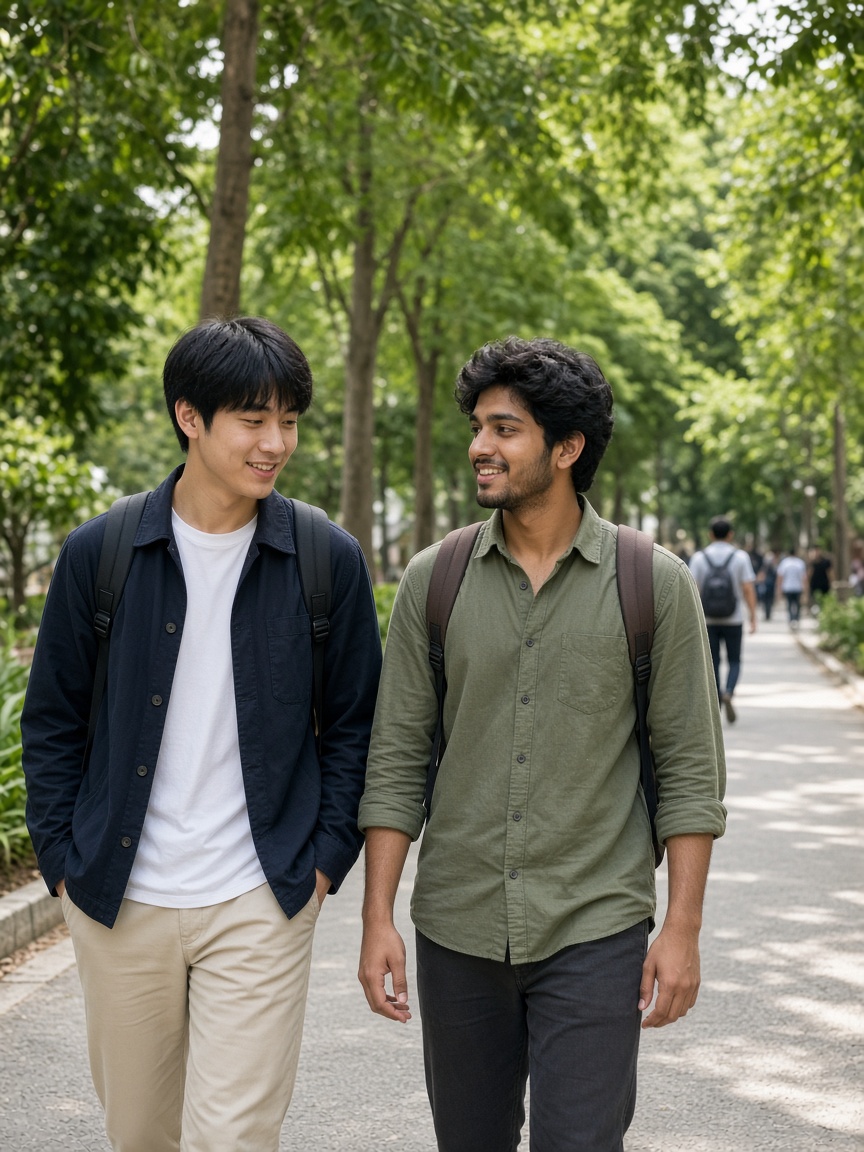 Japanese and Indian students together on campus in Bengaluru